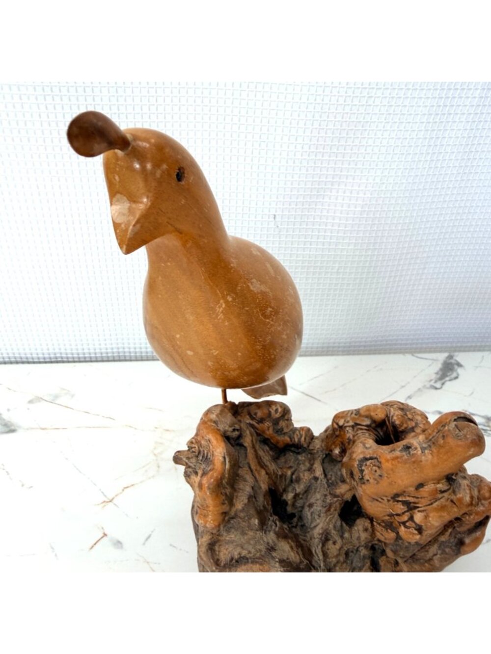 Hand-Carved Wooden Quail Figurine On Natural Burl Wood Base - Rustic Home Décor - Picture 8 of 11